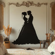 Bride and groom silhouette wall decal in a romantic bedroom setting.