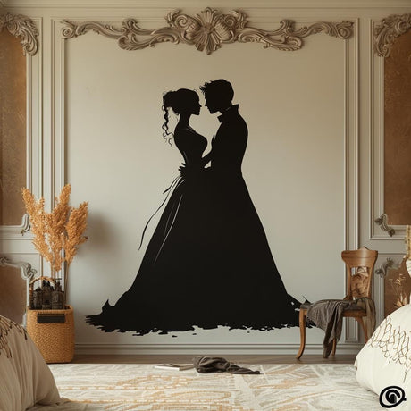 Bride and groom silhouette wall decal in a romantic bedroom setting.