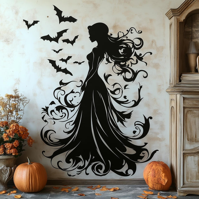 Witch silhouette wall decal with bats.