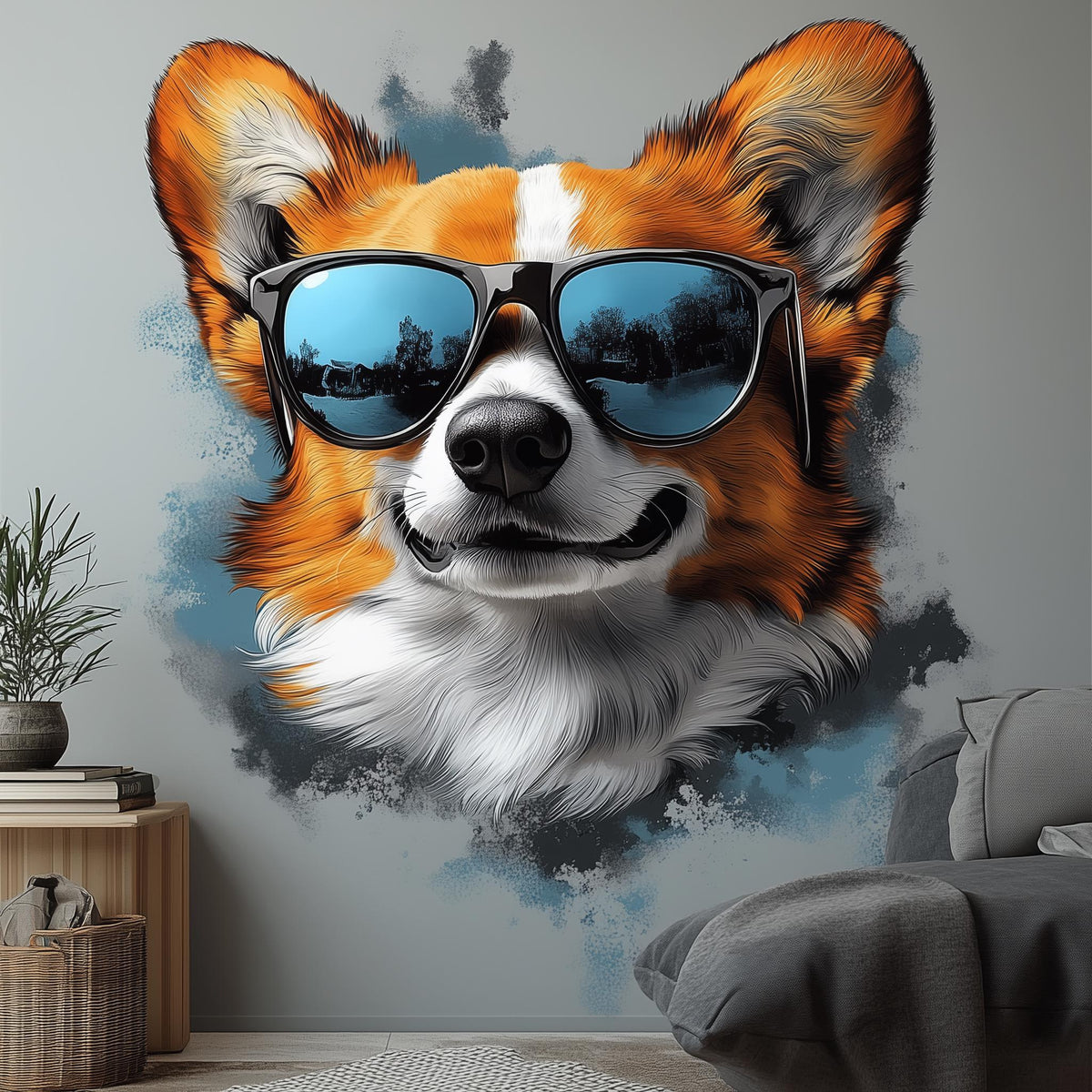 Corgi with Sunglasses Wall Decal displayed in a room setting.
