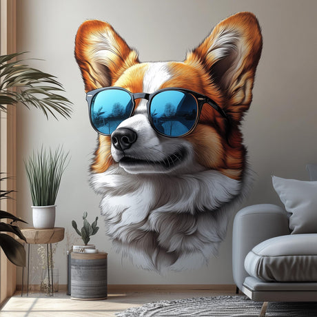 Cool Corgi with Sunglasses Wall Decal displayed in a room setting.