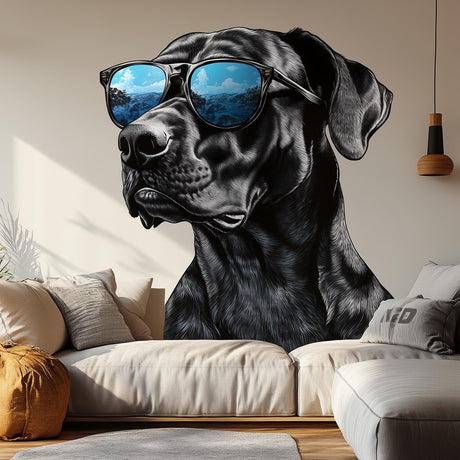 Cool Black Dog with Sunglasses Wall Decal displayed in a room setting.