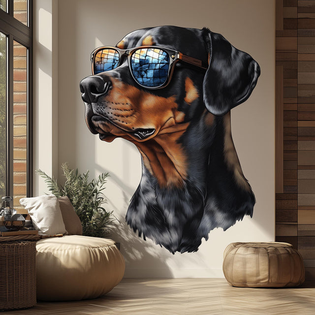 Rottweiler with Sunglasses Wall Decal displayed in a room setting.