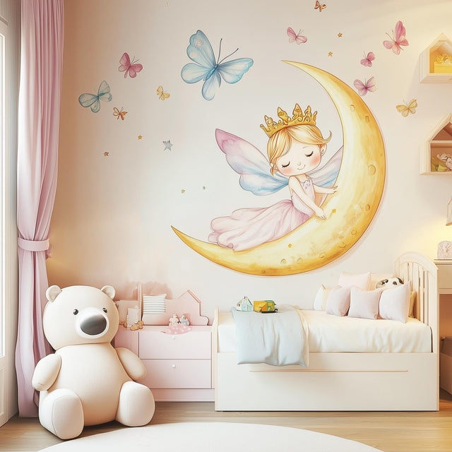 Fairy Princess on the Moon Wall Decal displayed in a room setting.