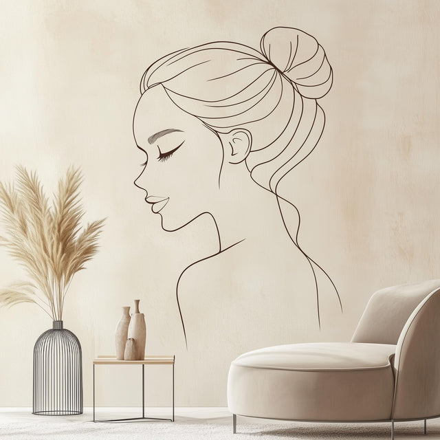 Elegant minimalist line art wall decal of a woman's profile.