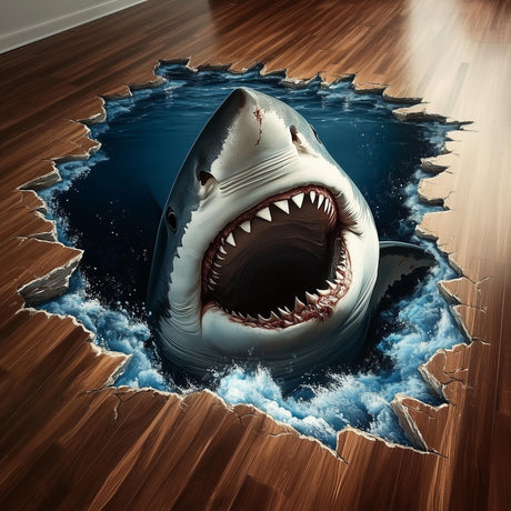 3D-наклейка «Акула в проломе», дизайн 1, на полу.
