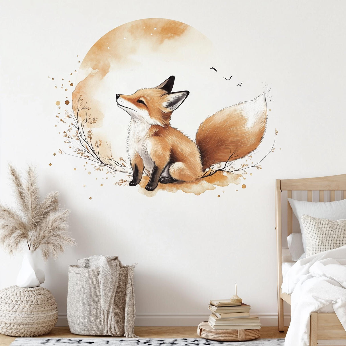 Fox Wall Decal | Cute Fox Nursery Wall Sticker | Baby Room Forest displayed in a room setting.