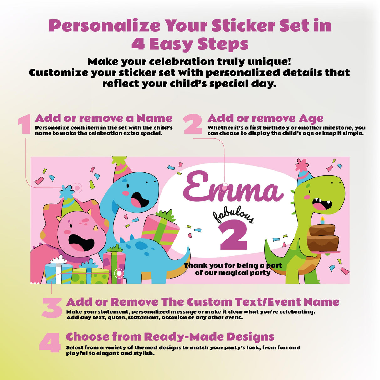 Additional product view of Dinosaur Themed Personalized Kids Birthday Sticker Set.