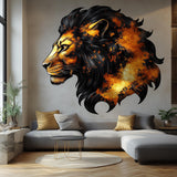 Orange and black lion portrait vinyl wall decal displayed in a room setting.
