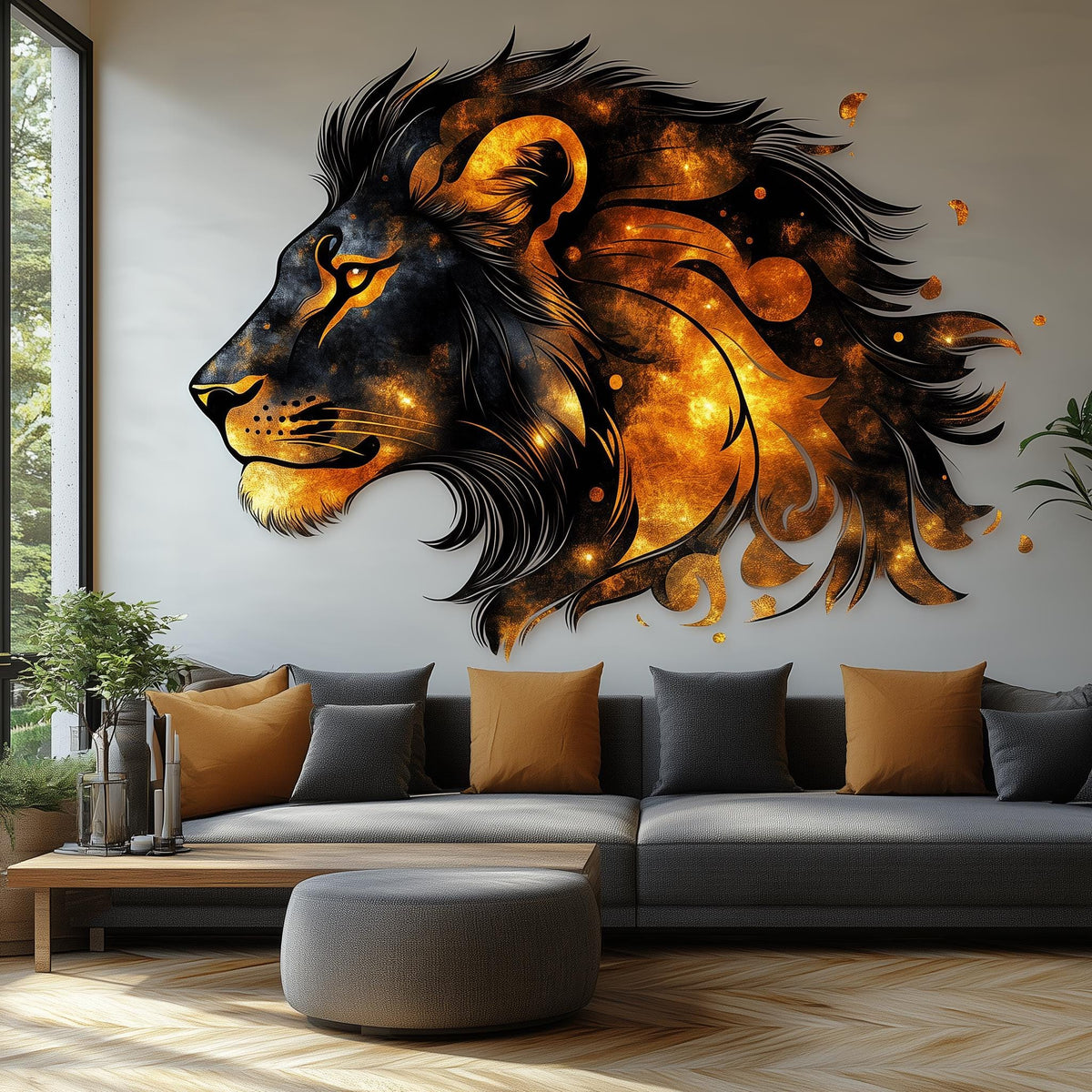Cosmic orange lion portrait vinyl wall decal displayed in a room setting.