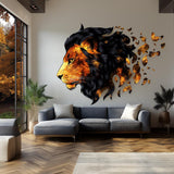 Alternate room view of the fragmented orange lion portrait wall decal.