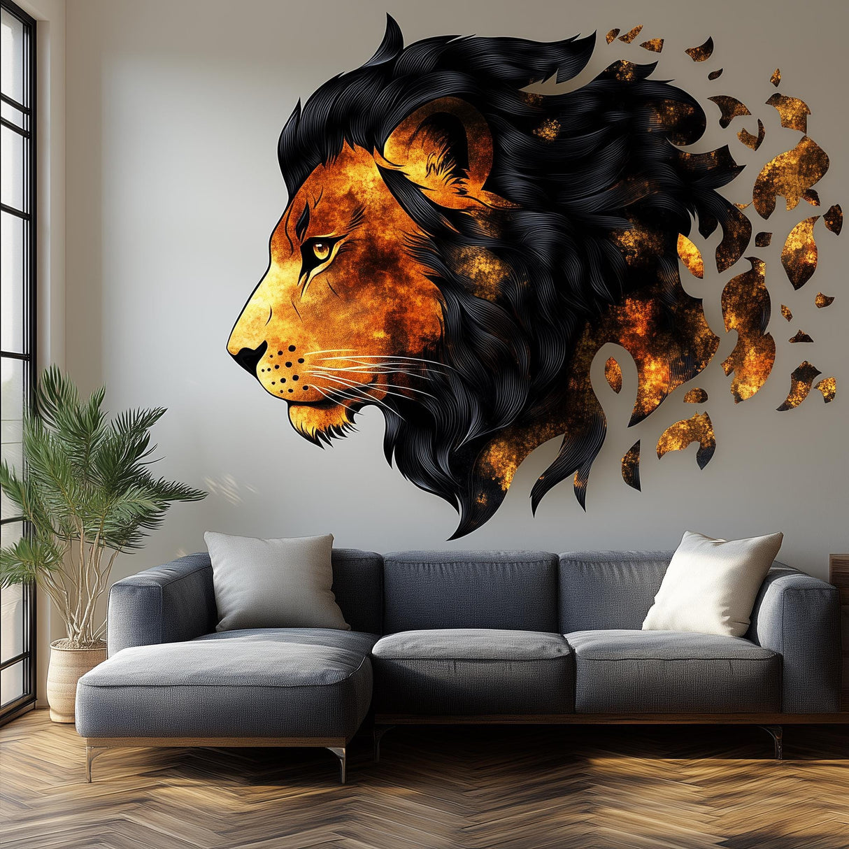 Fragmented orange lion portrait vinyl wall decal displayed in a room setting.