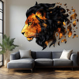 Fragmented orange lion portrait vinyl wall decal displayed in a room setting.