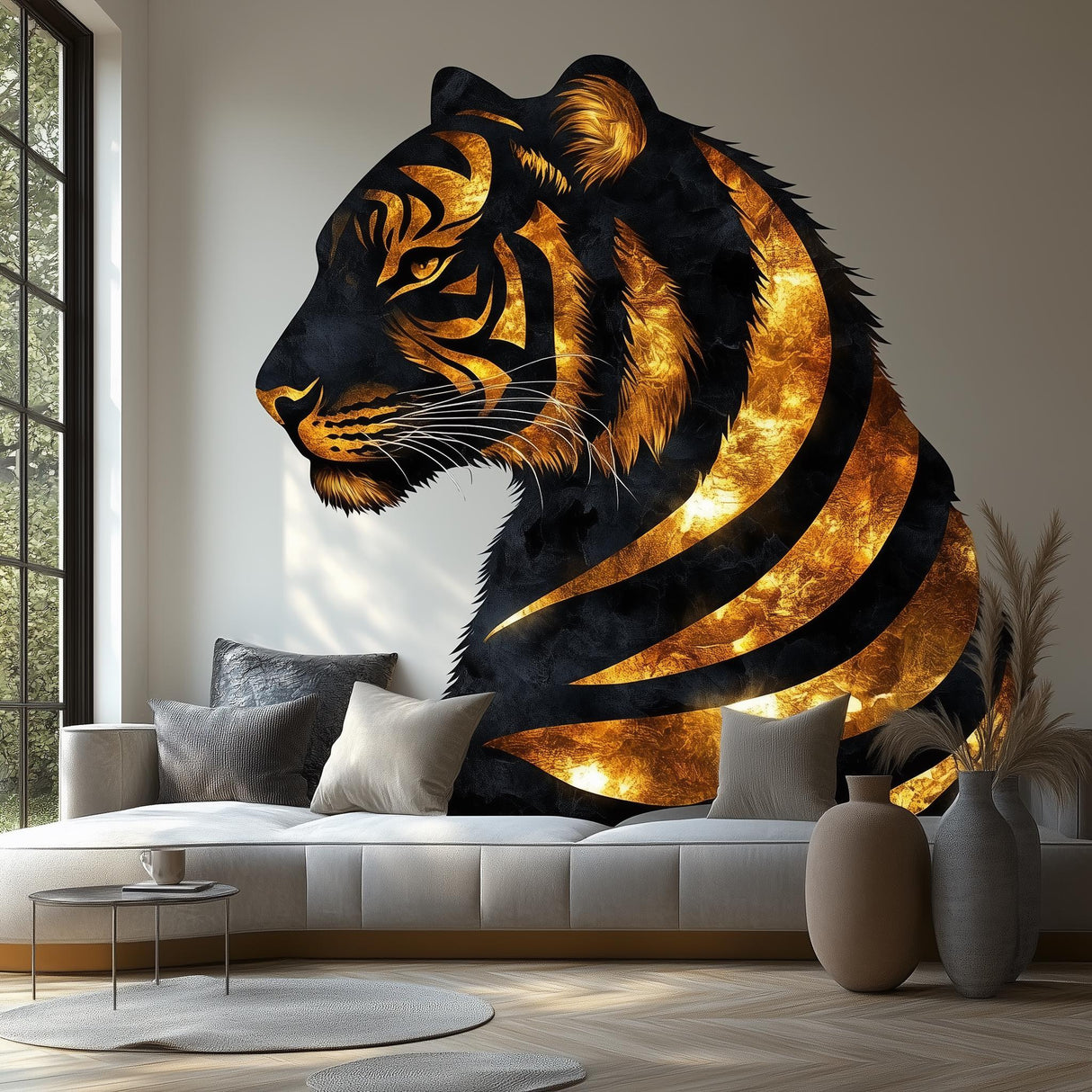 Golden Tiger Wall Sticker Decal displayed in a room setting.