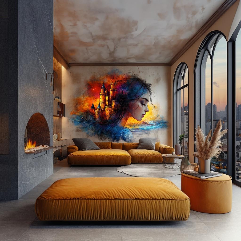 Product gallery view of Surreal Woman and Fantasy Castle Wall Decal.