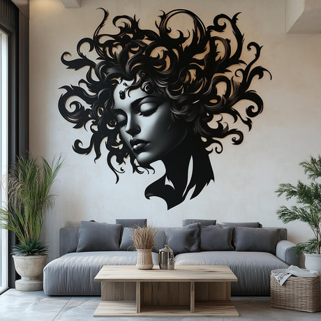 Elegant Woman Face Wall Decal displayed in a room setting.