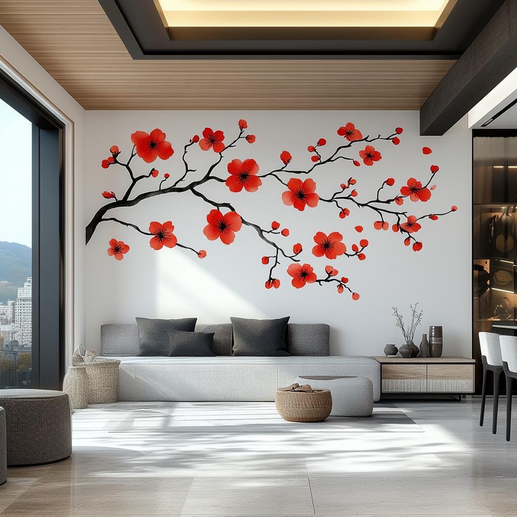 Red Flower Branch Wall Decal displayed in a room setting.
