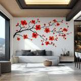 Red Flower Branch Wall Decal displayed in a room setting.