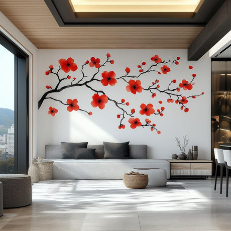 Red Flower Branch Wall Decal displayed in a room setting.