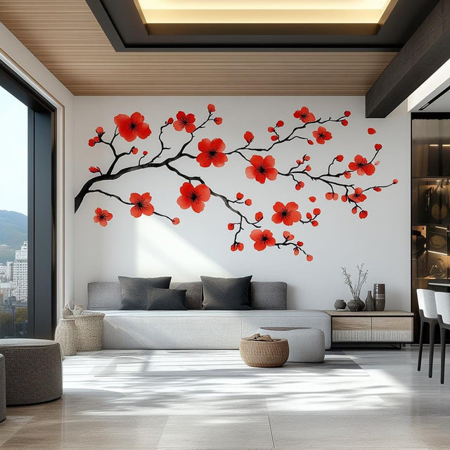 Red Flower Branch Wall Decal displayed in a room setting.