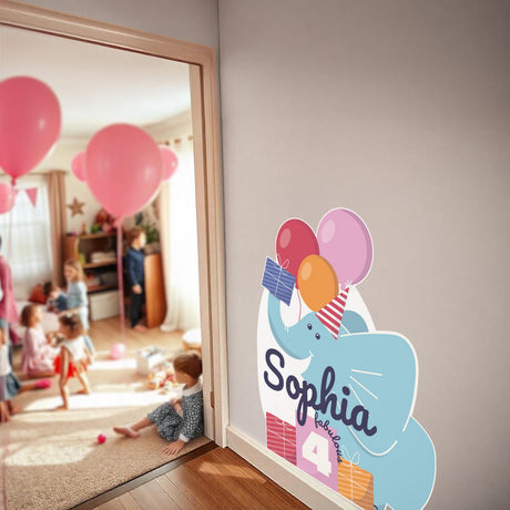 Personalized elephant birthday wall sticker with customizable name, age, and party theme.