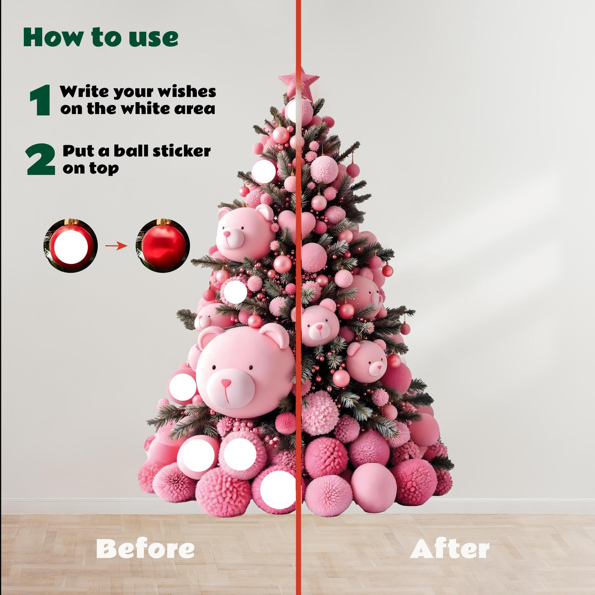 Alternate product view of Pink Teddy Bear Christmas Tree Wall Decal.