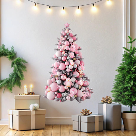 Pink Christmas Tree Wall Decal displayed in a room setting.