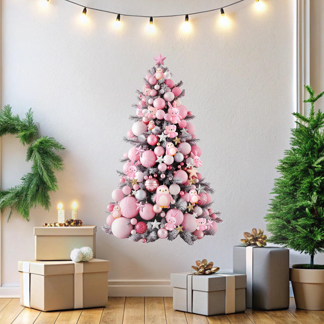 Pink Christmas Tree Wall Decal displayed in a room setting.