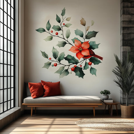 Poinsettia Holly Wall Mural displayed in a room setting.