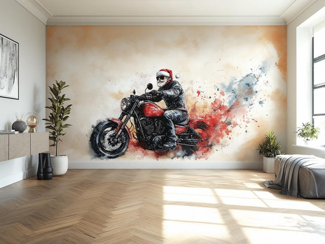 Biker Santa Wall Mural displayed in a room setting.