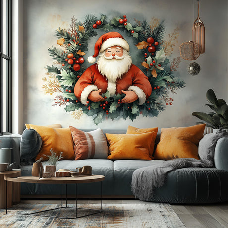 Santa Claus Wreath Wall Mural displayed in a room setting.
