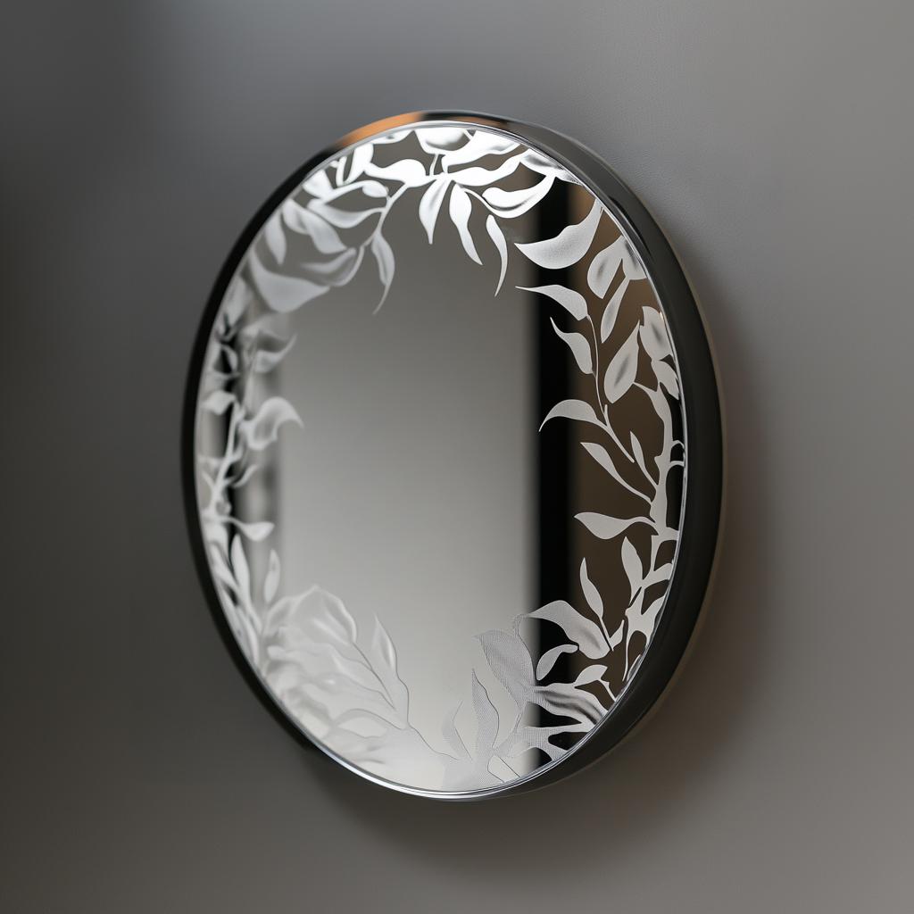 Elegant custom etched mirror decal with a floral design.