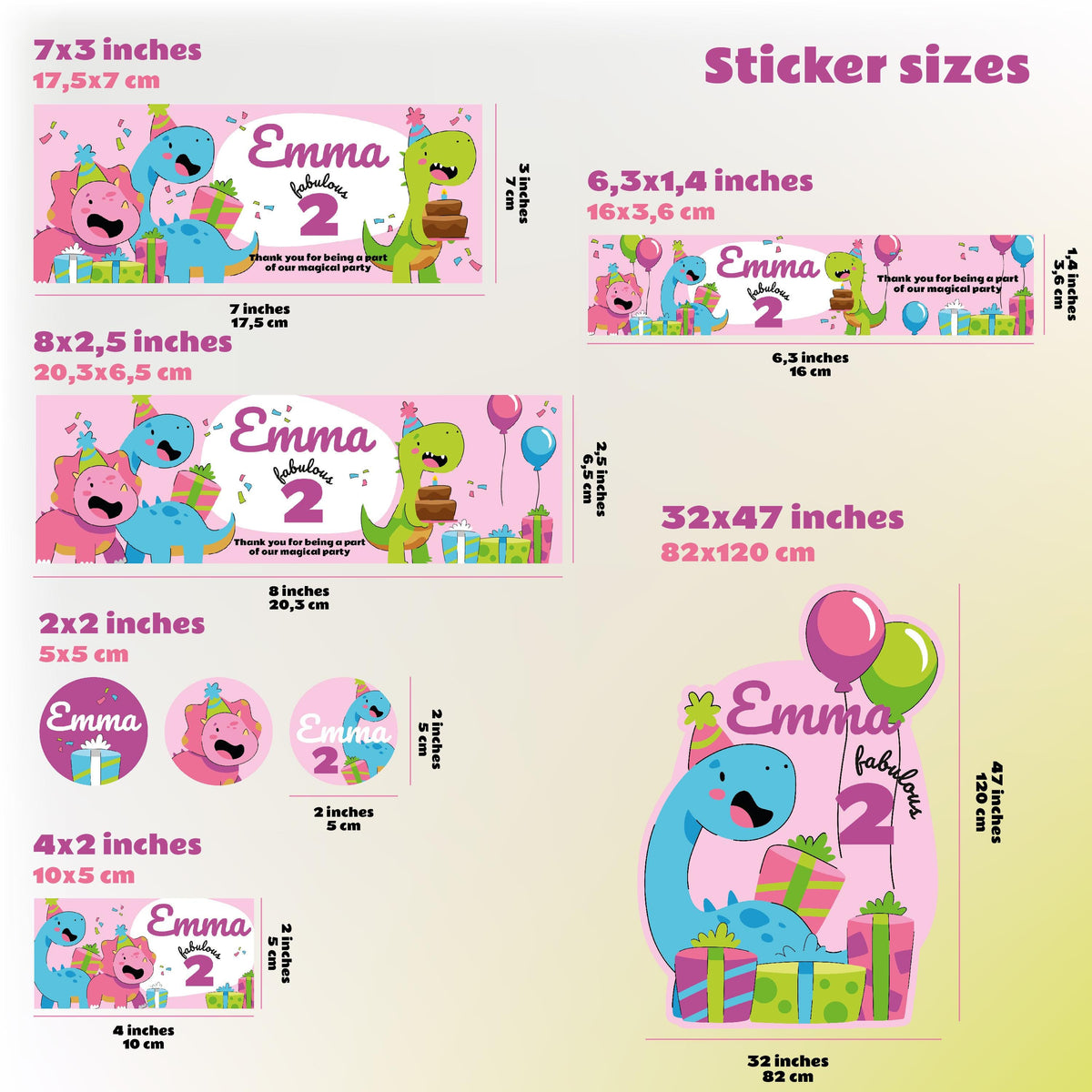 Product detail view of Dinosaur Themed Personalized Kids Birthday Sticker Set.
