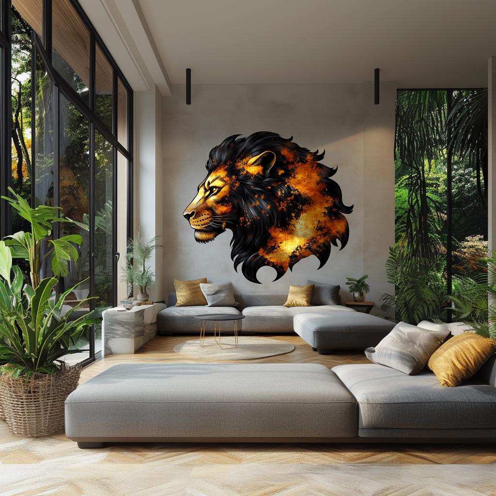 Orange and black lion portrait wall decal displayed in a modern interior.