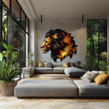 Orange and black lion portrait wall decal displayed in a modern interior.