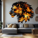 Abstract orange lion portrait vinyl wall decal displayed in a room setting.