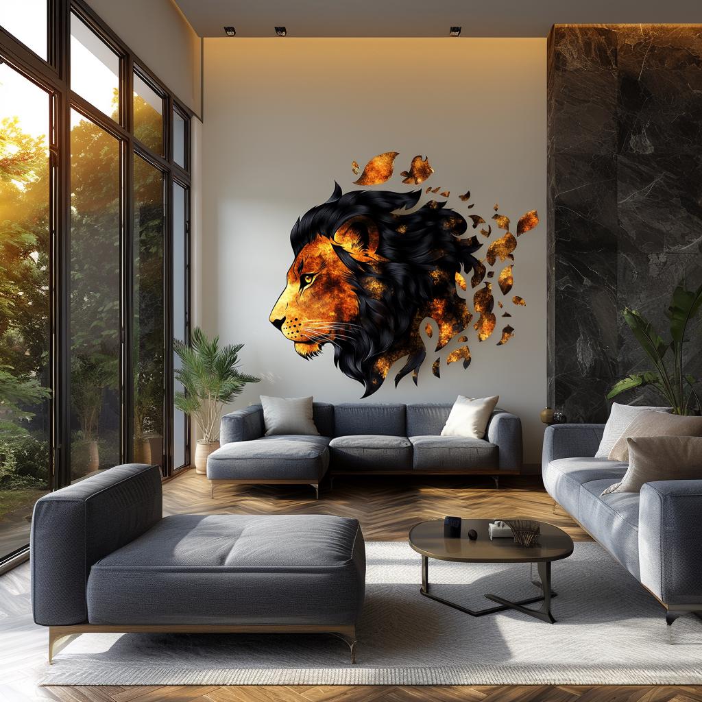 Fragmented orange lion portrait wall decal displayed in a modern interior.