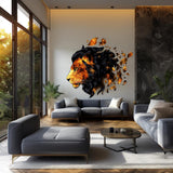 Fragmented orange lion portrait wall decal displayed in a modern interior.