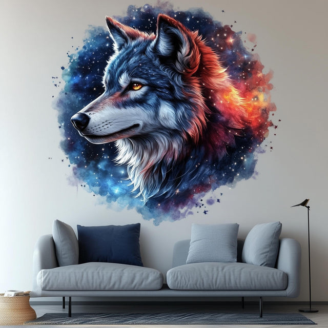 Celestial Wolf Wall Decal displayed in a room setting.