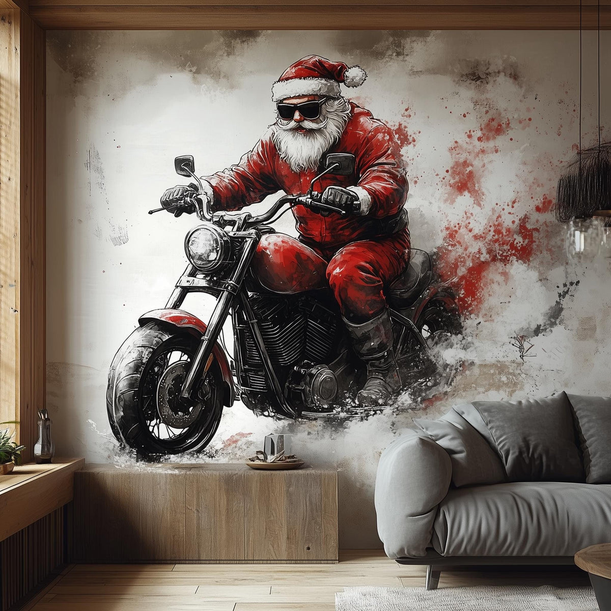Biker Santa Claus Wall Mural displayed in a room setting.