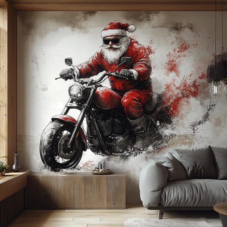 Biker Santa Claus Wall Mural displayed in a room setting.