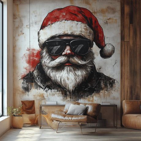 Biker Santa Wall Mural displayed in a room setting.