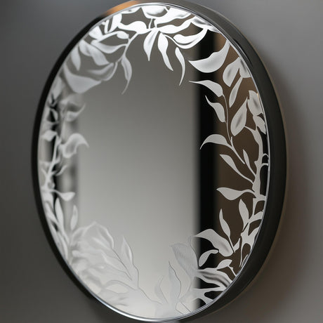 Custom etching of floral design on round mirror.