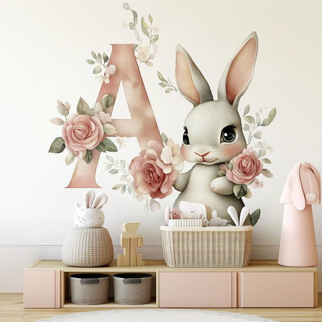 Personalized Bunny Wall Decal | Floral Monogram Letter A Nursery Decor | Custom Baby Room Wall Art | Removable Vinyl Sticker