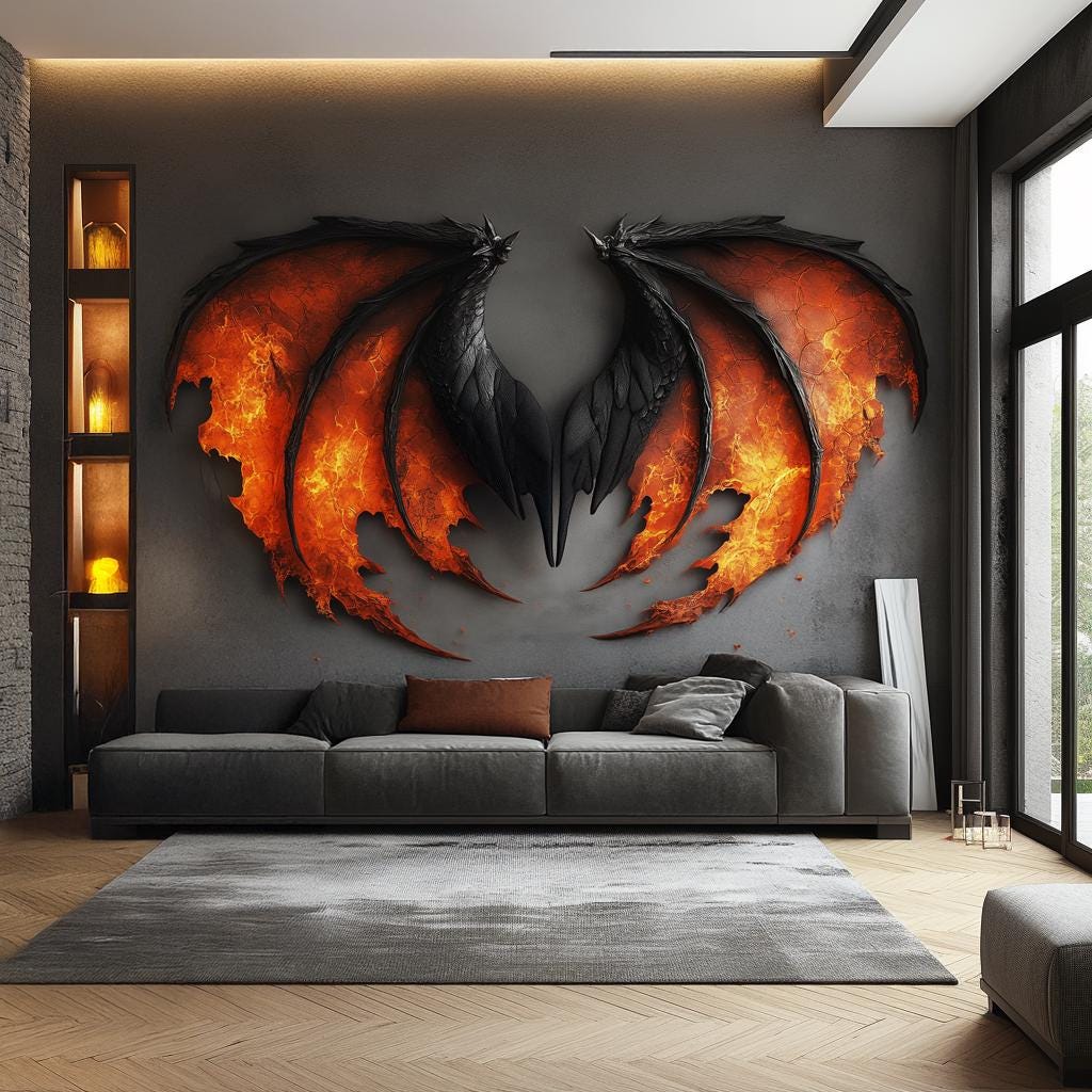 Red and black dragon wing vinyl wall decal displayed in a modern interior.