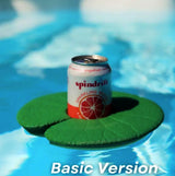 Lily Pad water cupholder floating in pool with a can of Spindrift sparkling water on top.