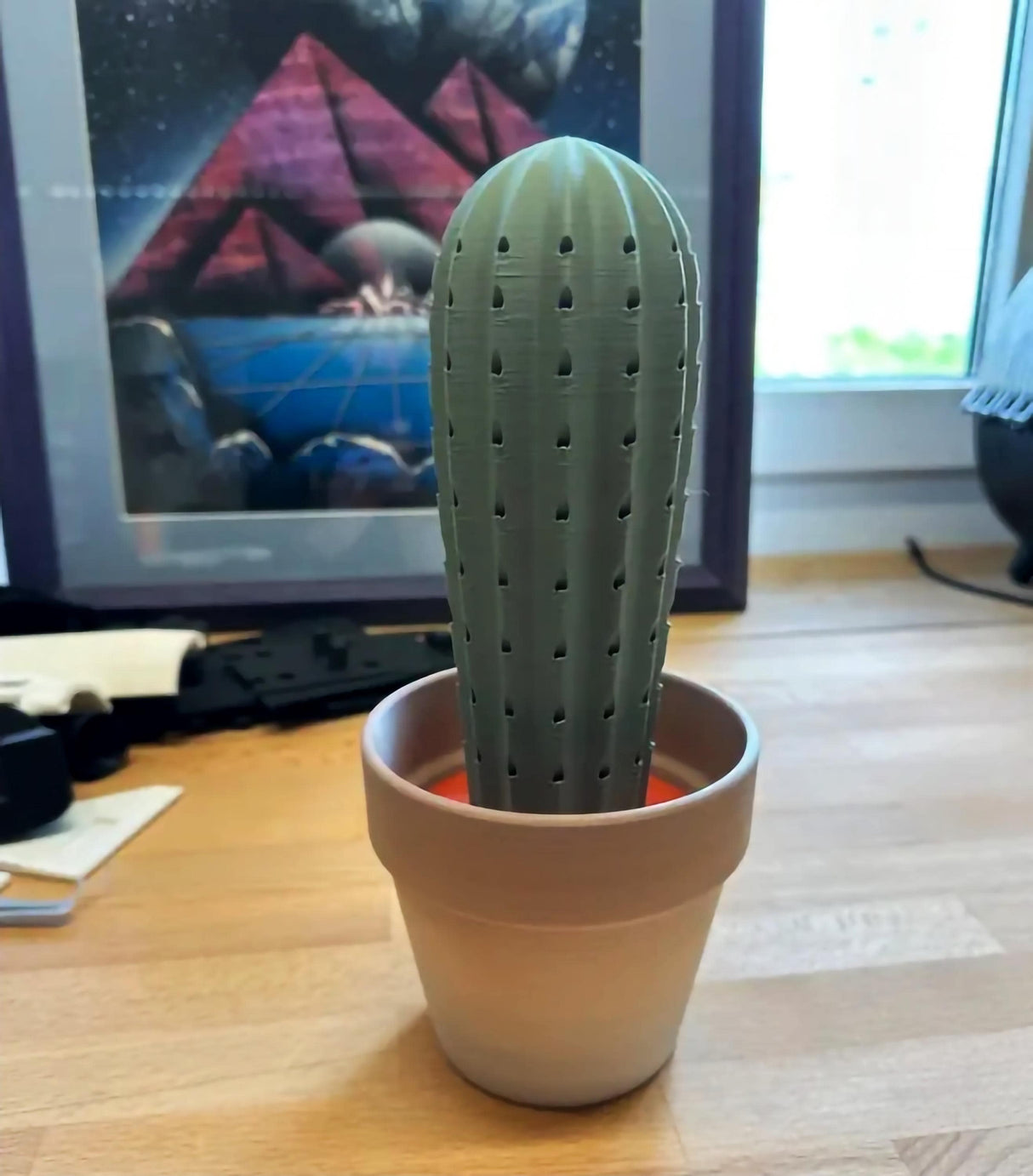 3D printed cactus toothpick holder in a pot.