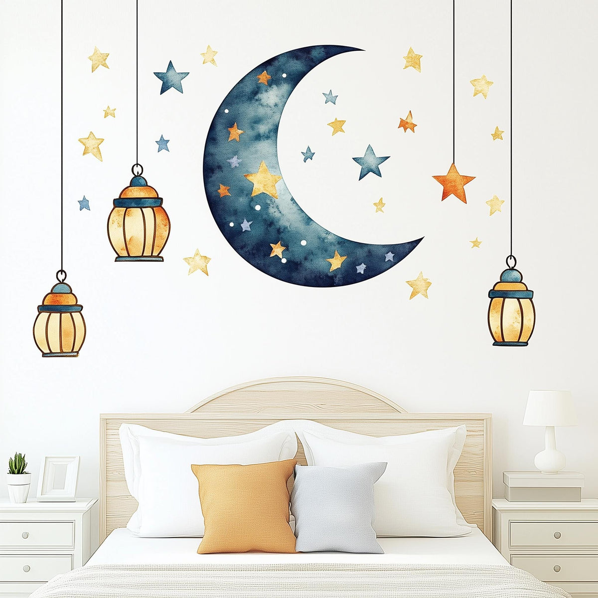 Moon and Stars Wall Decal Sticker Set displayed in a room setting.
