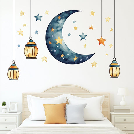 Moon and Stars Wall Decal Sticker Set displayed in a room setting.