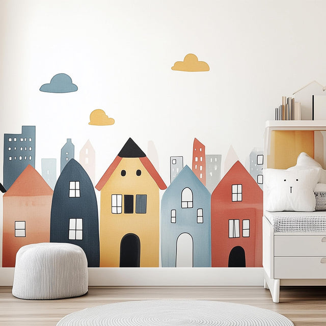 Colorful Town Wall Decal displayed in a room setting.